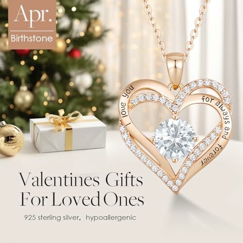 Heart-shaped necklace with diamond and gift box, April birthstone theme.