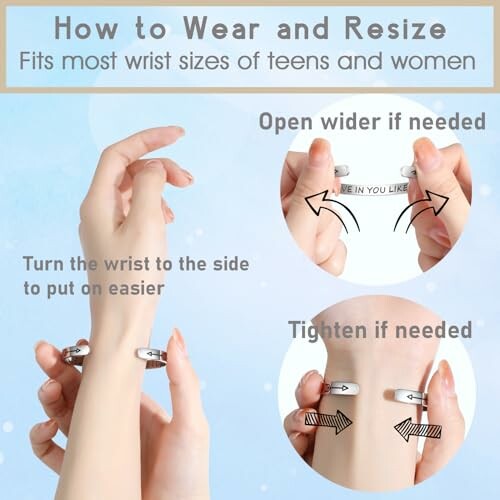 Instructions on how to wear and resize a bracelet for teens and women.
