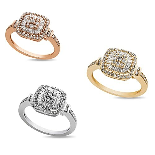 Three diamond halo engagement rings in different metals.