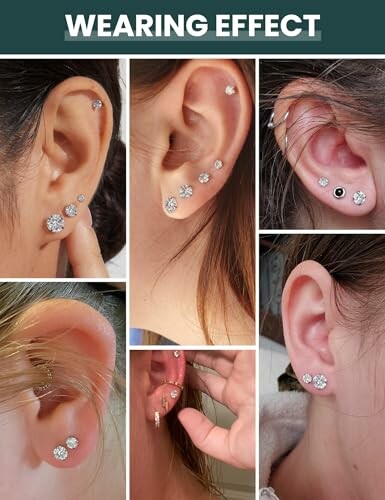 Various ear piercings with different earrings.
