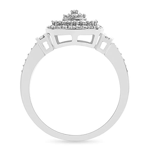 Side view of an elegant diamond ring with intricate setting.