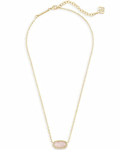 Gold chain necklace with pink oval stone pendant.
