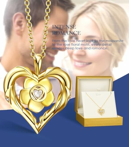 Gold heart-shaped pendant with floral design and couple in the background.