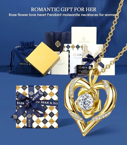 Gold heart pendant necklace with diamond and gift boxes.