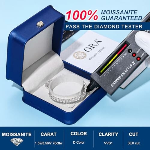 Moissanite ring in a blue box with diamond tester.