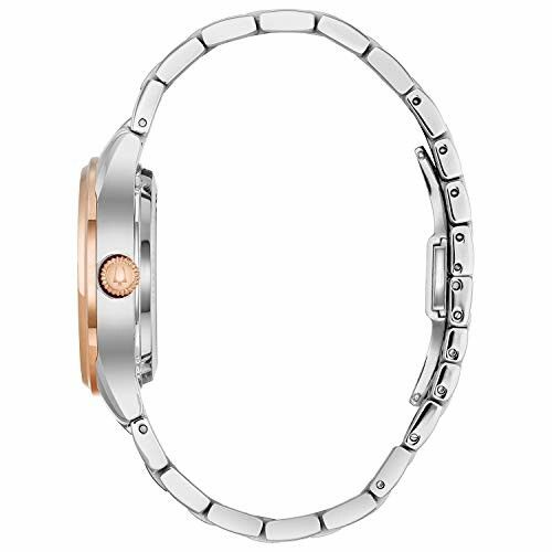 Side view of a metal wristwatch with a two-tone band