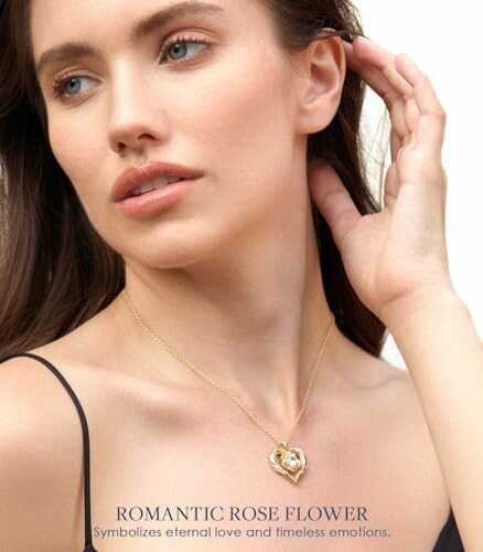 Woman wearing a heart-shaped rose necklace.